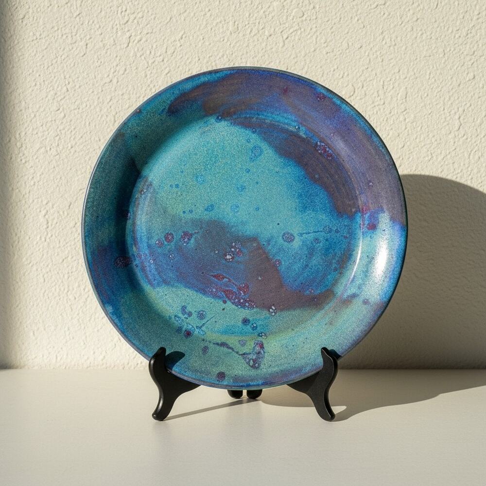 Studio Art Pottery Platter-Signed Blue Purple Green-Iridescent Ceramic-Coastal